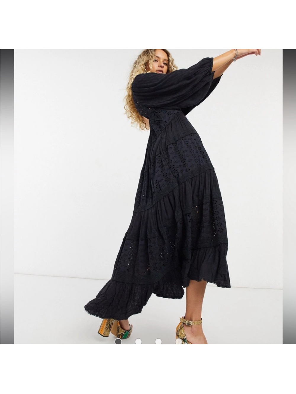 Free People Mockingbird Boho Black Cottagecore Eyelet Tiered Maxi Dress Sz XS - Picture 3 of 15